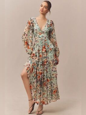 bhldn asha flutter sleeve v neck chiffon maxi dress Wishlist Tiered sienna / small 55 INCHES HPS / 12.5 INCHES EMPIRE WAISTLINE M BHLDN Flutter-Sleeve Plunge Maxi Dress